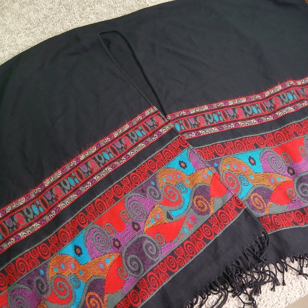 Vintage Made in France Black Acrylic Fringed Poncho / Scarf Paisley Border Multi